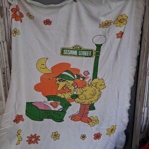Vtg Sesame Street Baby Blanket Thermal Waffle Weave Satin Little Big Bird Cradle